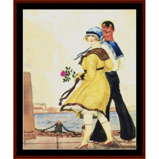Counted Cross Stitch Pattern – Sailor and His Girl by Boris Kustodiev - Cross Stitch Collectibles - A framed vintage-style artwork showing a couple walking by the water. The woman wears a yellow dress and blue hat, and the man wears a blue and white top with dark pants.