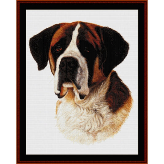 Counted Cross Stitch Pattern – Saint Bernard - Cross Stitch Collectibles - A framed cross-stitch or needlepoint-style portrait of a Saint Bernard dog on a white background