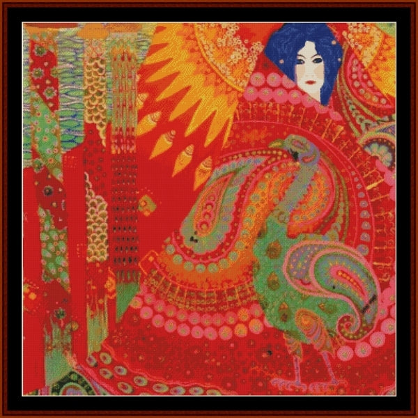Counted Cross Stitch Pattern – Salome by Vittorio Zecchin - Cross Stitch Collectibles - A square abstract art print or painting featuring a stylized woman with blue hair, a large yellow sun, and a peacock-like figure in red, orange, green, and pink patterns