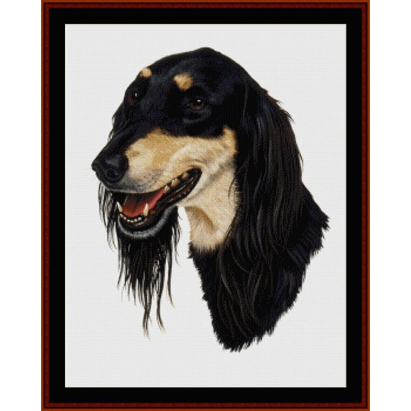 Counted Cross Stitch Pattern – Saluki - Cross Stitch Collectibles- A framed cross-stitch portrait of a black and tan long-eared dog on a white stitched background