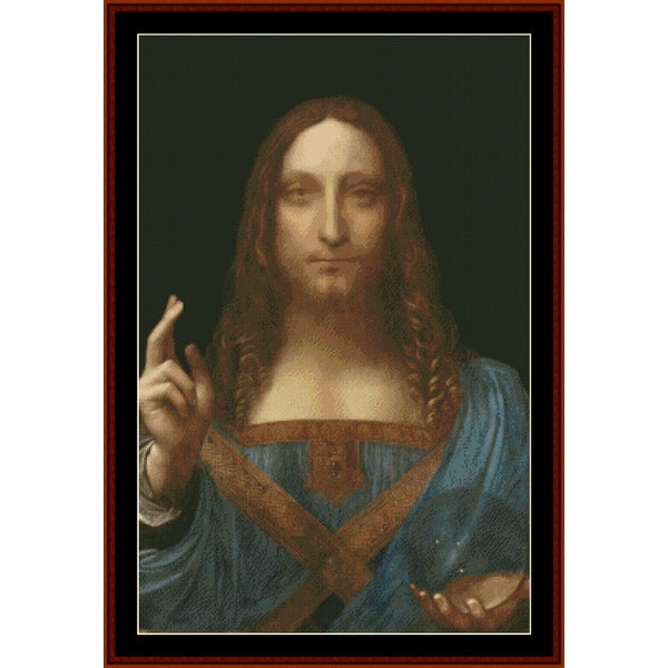 Counted Cross Stitch Pattern – Salvador Mundi by Leonardo Da Vinci - Cross Stitch Collectibles - A framed art print depicting a portrait of Jesus with long brown hair, a blue robe, and a gold cross over his chest