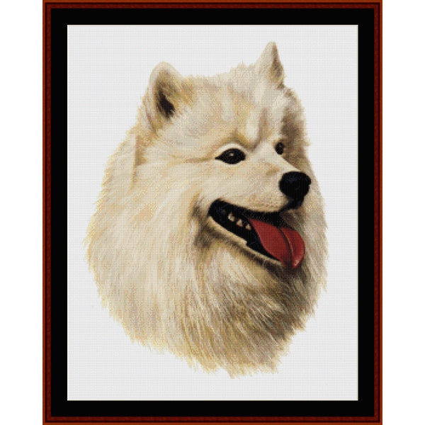 Counted Cross Stitch Pattern – Samoyed - Cross Stitch Collectibles - A framed cross-stitch style portrait of a fluffy white Samoyed dog head on a white background