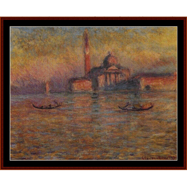 Counted Cross Stitch Pattern – San Giorgio Maggiore, 1908 by Claude Monet - Cross Stitch Collectibles - Impressionist-style framed artwork depicting a Venice scene with gondolas on the water and a domed building in the background
