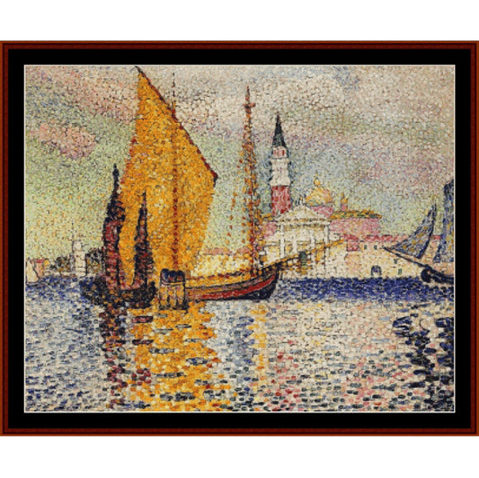 Counted Cross Stitch Pattern – San Giorgio Maggiore, Venice by H.E. Cross - Cross Stitch Collectibles - A framed pointillist painting depicting a harbor scene with tall sailing ships, a church tower, and reflective water