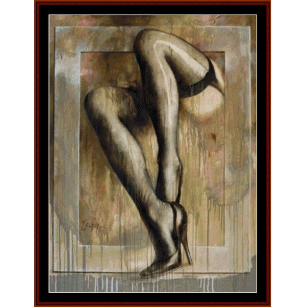 Counted Cross Stitch Pattern – Sanctuary, Fantasy - Cross Stitch Collectibles - Framed art print featuring a stylized painting of a woman's legs in black stockings and high heels