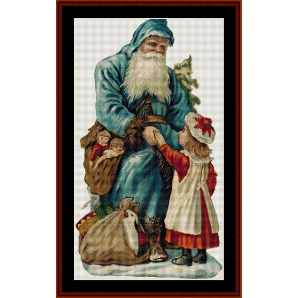 Counted Cross Stitch Pattern – Santa Greeting Girl, Vintage - Cross Stitch Collectibles - A framed vintage-style Christmas artwork showing Santa Claus in a blue coat and hat with a white beard, seated with children and a small tree, on a white background
