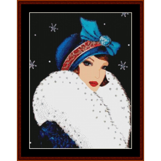 Counted Cross Stitch Pattern – Santa Knows My Secrets, Holiday - Cross Stitch Collectibles - A framed cross-stitch style artwork showing a woman in profile wearing a blue hat with a large blue bow, a white fur-look collar with small dark dots, and a dark background with white snowflake shapes. 