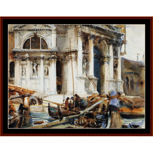 Counted Cross Stitch Pattern – Santa Maria dell a Salute by J.S. Sargent - Cross Stitch Collectibles - A framed art print depicting a Venetian canal scene with a large classical building, gondolas, and figures in the water