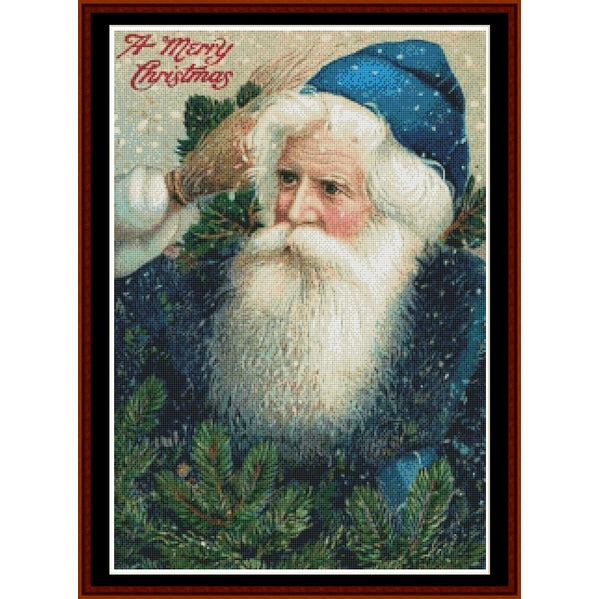 Counted Cross Stitch Pattern – Santa in Blue, Christmas - Cross Stitch Collectibles - A framed Christmas portrait print showing Santa Claus with a white beard, blue hat, and green pine branches, with the text 'A Merry Christmas' in the upper left.