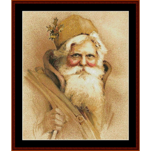 Counted Cross Stitch Pattern – Santa in Brown, Christmas - Cross Stitch Collectibles - A framed portrait artwork showing an elderly bearded man in a tan hat and coat, holding a staff, with a warm beige background