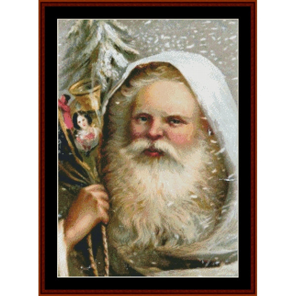 Counted Cross Stitch Pattern – Santa in White, Christmas - Cross Stitch Collectibles - Framed needlepoint canvas featuring a vintage portrait of Santa Claus in a snowy winter scene, with a white hood, long white beard, and a small angel figure on the left