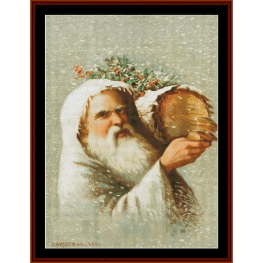 Counted Cross Stitch Pattern – Santa in the Snow, Christmas - Cross Stitch Collectibles - A framed vintage-style portrait print showing a bearded man in a white hood holding a large brown object, with a snowy background