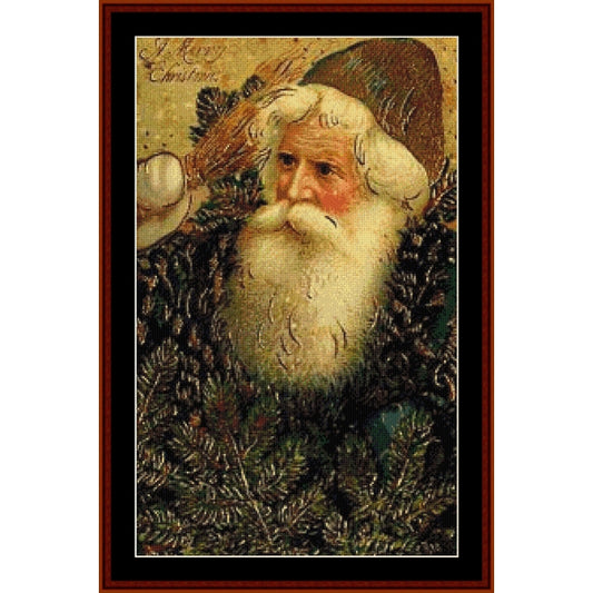 Counted Cross Stitch Pattern – Santa with Branches, Holiday - Cross Stitch Collectibles - A framed vintage-style Christmas portrait print showing Santa Claus with a white beard, brown hat, and dark fur-trimmed coat surrounded by pine branches