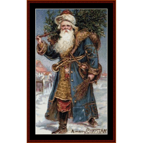 Counted Cross Stitch Pattern – Santa with Tree, Vintage Art - Cross Stitch Collectibles - A framed vintage-style Christmas artwork showing Santa Claus carrying a Christmas tree in a snowy outdoor scene