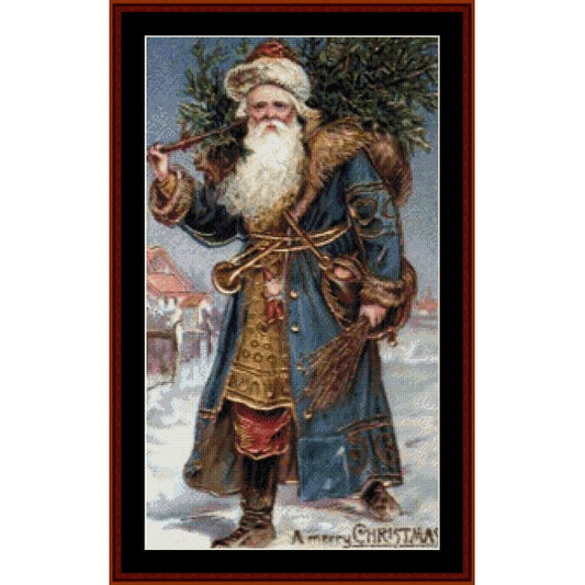 Counted Cross Stitch Pattern – Santa with Tree, Vintage Art - Cross Stitch Collectibles - A framed vintage-style Christmas artwork showing Santa Claus carrying a Christmas tree in a snowy outdoor scene
