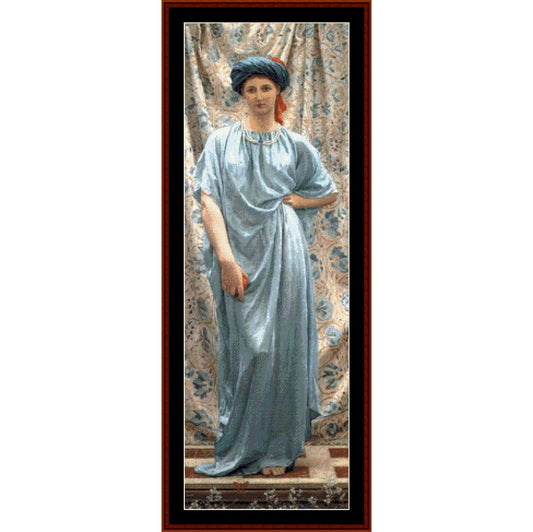 Counted Cross Stitch Pattern – Sapphire by A.J. Moore - Cross Stitch Collectibles - A framed art print featuring a classical painting of a woman in a flowing light blue dress and blue headwrap, standing in front of patterned drapery.