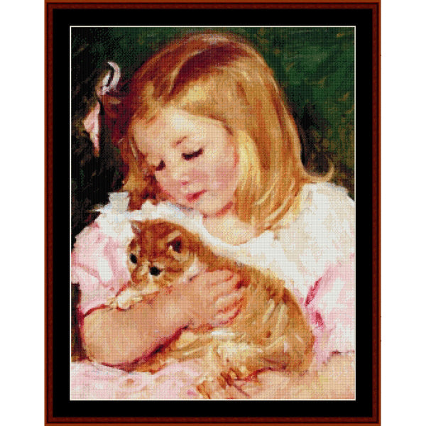 Counted Cross Stitch Pattern – Sara Holding a Cat by Mary Cassatt - Cross Stitch Collectibles - A framed painting depicting a young girl with light brown hair cradling a small orange tabby kitten, with a dark green background