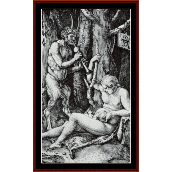 Counted Cross Stitch Pattern – Satyr Family, 1505 by Albrecht Durer - Cross Stitch Collectibles - A framed black and white art print featuring a classical-style illustration of a nude woman being held by a horned demon in a forest