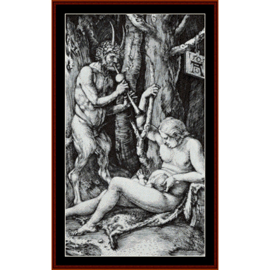 Counted Cross Stitch Pattern – Satyr Family, 1505 by Albrecht Durer - Cross Stitch Collectibles - A framed black and white art print featuring a classical-style illustration of a nude woman being held by a horned demon in a forest