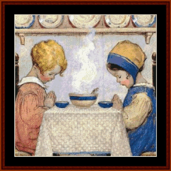 Counted Cross Stitch Pattern – Saying Grace by Jesse Willcox Smith - Cross Stitch Collectibles - A framed vintage-style needlepoint or cross-stitch design depicting two children at a table with bowls