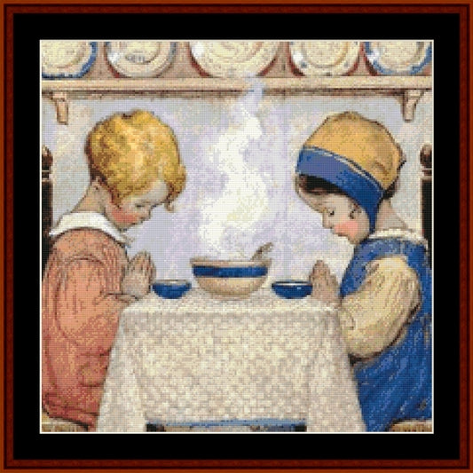 Counted Cross Stitch Pattern – Saying Grace by Jesse Willcox Smith - Cross Stitch Collectibles - A framed vintage-style needlepoint or cross-stitch design depicting two children at a table with bowls