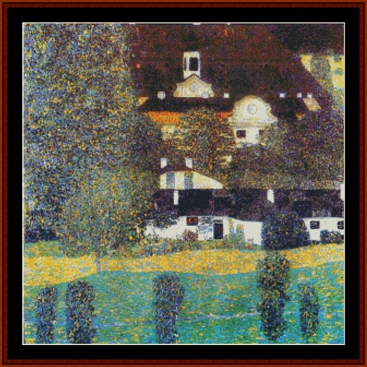 Counted Cross Stitch Pattern – Schloss Kammer am Attersee II by Gustav Klimt - Cross Stitch Collectibles - A framed art print depicting an impressionist-style painting of a house surrounded by trees and a green foreground
