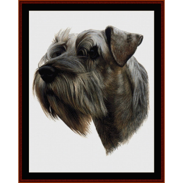 Counted Cross Stitch Pattern – Schnauzer - Cross Stitch Collectibles - A framed portrait artwork of a gray and brown wirehaired dog on a white background