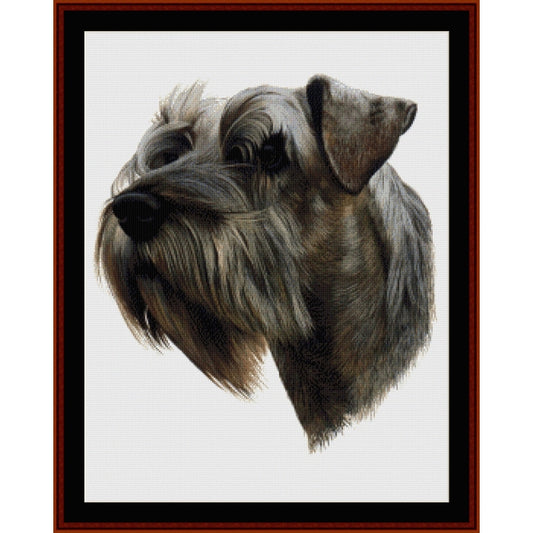 Counted Cross Stitch Pattern – Schnauzer - Cross Stitch Collectibles - A framed portrait artwork of a gray and brown wirehaired dog on a white background
