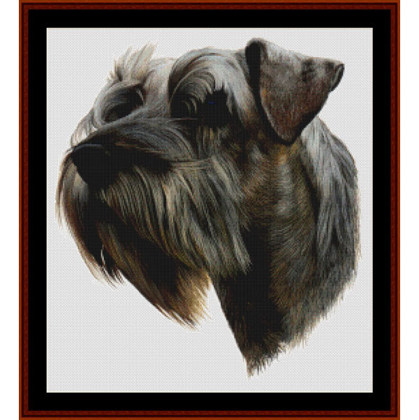 Counted Cross Stitch Pattern – Schnauzer II - Cross Stitch Collectibles - A framed portrait artwork of a scruffy dog head, shown in profile against a light background