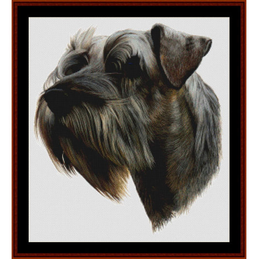 Counted Cross Stitch Pattern – Schnauzer II - Cross Stitch Collectibles - A framed portrait artwork of a scruffy dog head, shown in profile against a light background