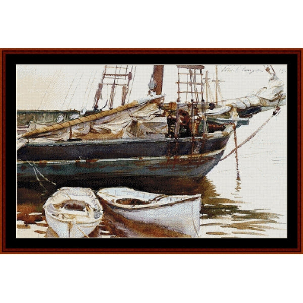 Counted Cross Stitch Pattern – Schooner by J.S. Sargent - Cross Stitch Collectibles - A framed art print depicting a harbor scene with a large dark sailboat and two small white rowboats on calm water