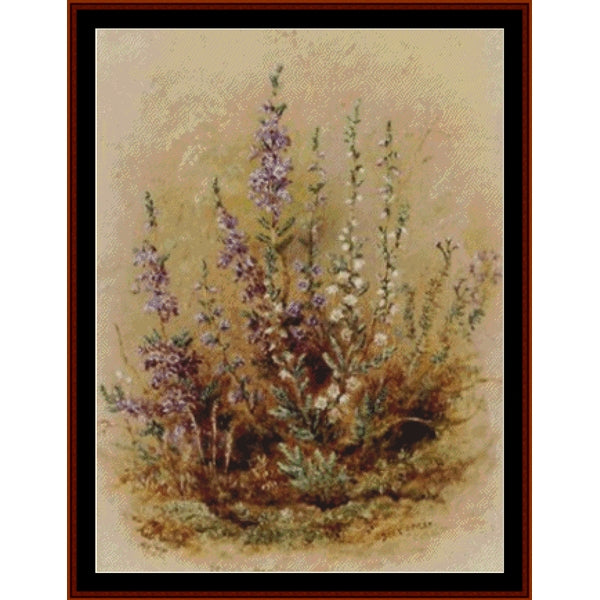 Counted Cross Stitch Pattern – Scotch Heather and Deer Grass by Albrecht Durer - Cross Stitch Collectibles - A framed floral artwork showing purple and white blossoms with green stems on a warm beige background