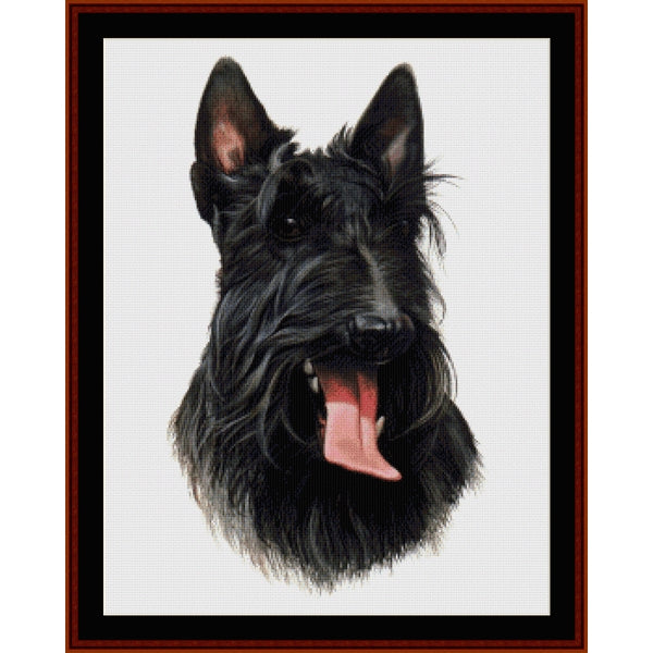 Counted Cross Stitch Pattern – Scottie - Cross Stitch Collectibles - A framed portrait print of a black Scottish terrier dog on a white background