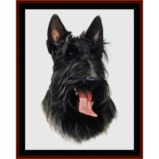 Counted Cross Stitch Pattern – Scottie - Cross Stitch Collectibles - A framed portrait print of a black Scottish terrier dog on a white background