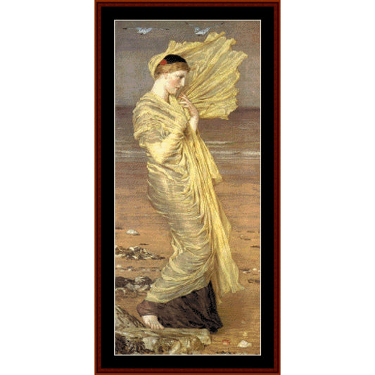 Counted Cross Stitch Pattern – Seagulls  by A.J. Moore - Cross Stitch Collectibles - A framed art print featuring a classical painting of a woman in flowing yellow and gold drapery standing on a beach