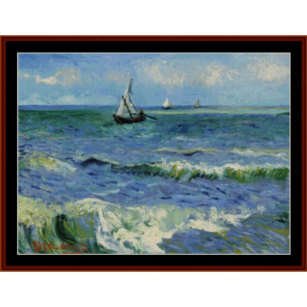 Counted Cross Stitch Pattern – Seascape near Les St-Maries de la Mer by Vincent Van Gogh - Cross Stitch Collectibles - Framed impressionist-style seascape painting showing blue ocean waves, white surf, and sailboats on the horizon under a pale sky