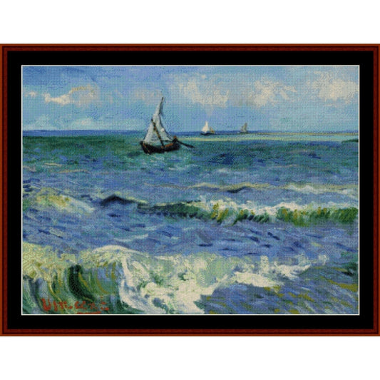 Counted Cross Stitch Pattern – Seascape near Les St-Maries de la Mer by Vincent Van Gogh - Cross Stitch Collectibles - Framed impressionist-style seascape painting showing blue ocean waves, white surf, and sailboats on the horizon under a pale sky