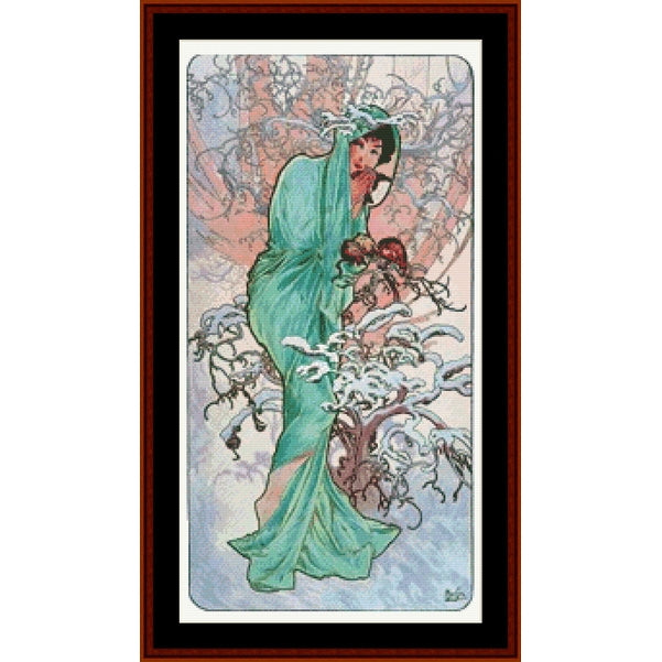 Counted Cross Stitch Pattern – Seasons, 1896 - Winter by Alphonse Mucha - Cross Stitch Collectibles - A framed art print featuring an Art Nouveau style illustration of a woman in a flowing teal dress standing among snow-covered branches