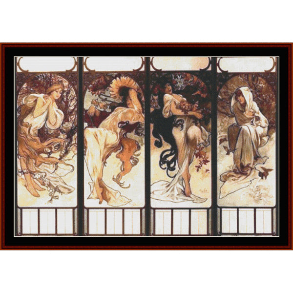 Counted Cross Stitch Pattern – Seasons by Alphonse Mucha - Cross Stitch Collectibles - A framed art print featuring four vertical panels with an Art Nouveau style illustration of four women in flowing robes