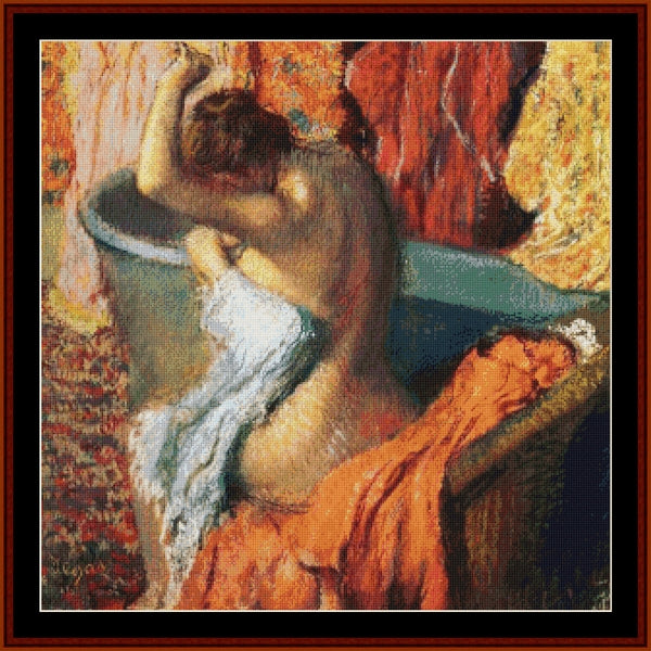 Counted Cross Stitch Pattern – Seated Bather, 1899 by Edgar Degas - Cross Stitch Collectibles - Impressionist-style artwork depicting a nude woman seated in a bathtub, draped with orange fabric and wrapped in a white cloth, surrounded by warm red, gold, and brown tones. 