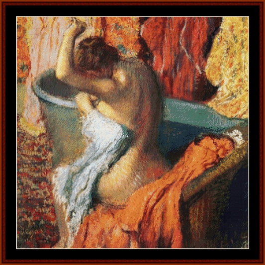 Counted Cross Stitch Pattern – Seated Bather, 1899 by Edgar Degas - Cross Stitch Collectibles - Impressionist-style artwork depicting a nude woman seated in a bathtub, draped with orange fabric and wrapped in a white cloth, surrounded by warm red, gold, and brown tones. 