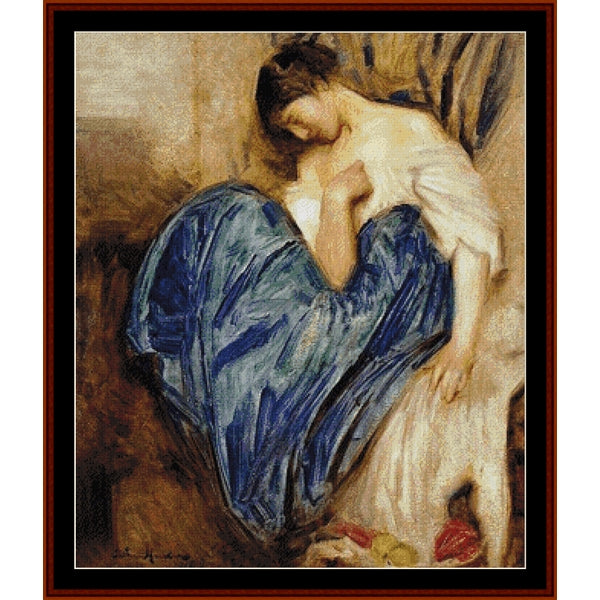 Counted Cross Stitch Pattern – Seated Girl by Arthur Hacker - Cross Stitch Collectibles - A framed impressionist painting depicting a seated woman in a flowing blue dress and white draped fabric, surrounded by warm brown and beige tones