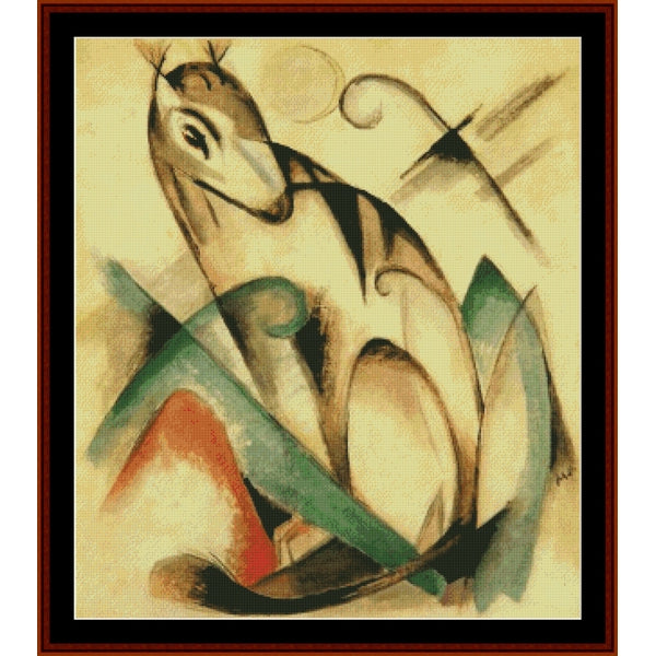 Counted Cross Stitch Pattern – Seated Mythological Animal by Franz Marc - Cross Stitch Collectibles - An abstract cubist-style painting of a seated animal in beige, green, black, and muted red tones