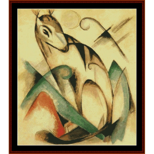 Counted Cross Stitch Pattern – Seated Mythological Animal by Franz Marc - Cross Stitch Collectibles - An abstract cubist-style painting of a seated animal in beige, green, black, and muted red tones