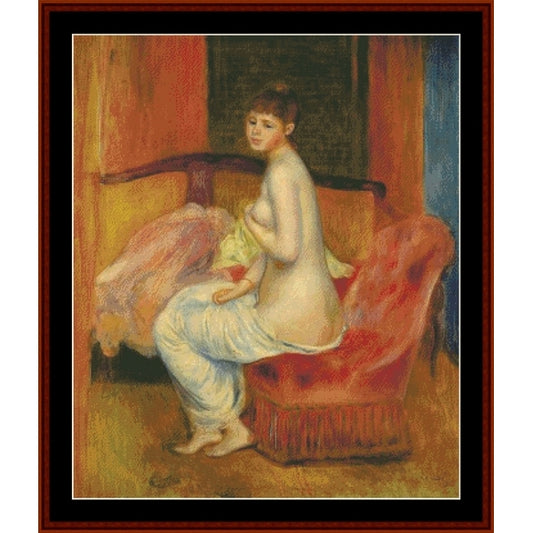 Counted Cross Stitch Pattern – Seated Nude, 1885 by Pierre Auguste Renoir - Cross Stitch Collectibles - A framed impressionist-style painting depicting a nude seated woman on a red upholstered chair, with warm orange, yellow, and brown tones and a dark central background. 