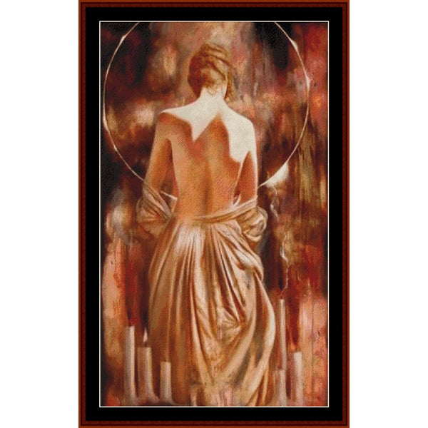 Counted Cross Stitch Pattern – Secret Sanctuary, Fantasy - Cross Stitch Collectibles - A framed art print depicting a classical painting of a draped female statue from behind, surrounded by candles and a glowing halo
