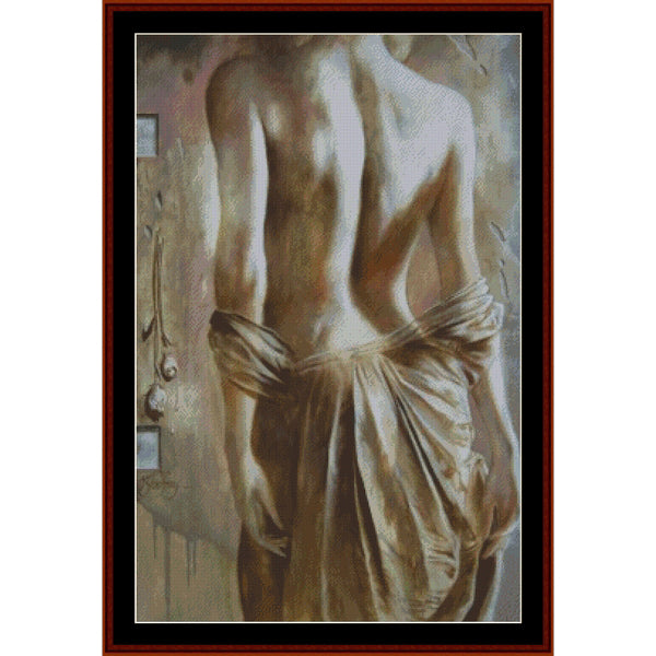 Counted Cross Stitch Pattern – Secret Wedding, Fantasy - Cross Stitch Collectibles - A framed classical painting depicting the back view of a draped male figure