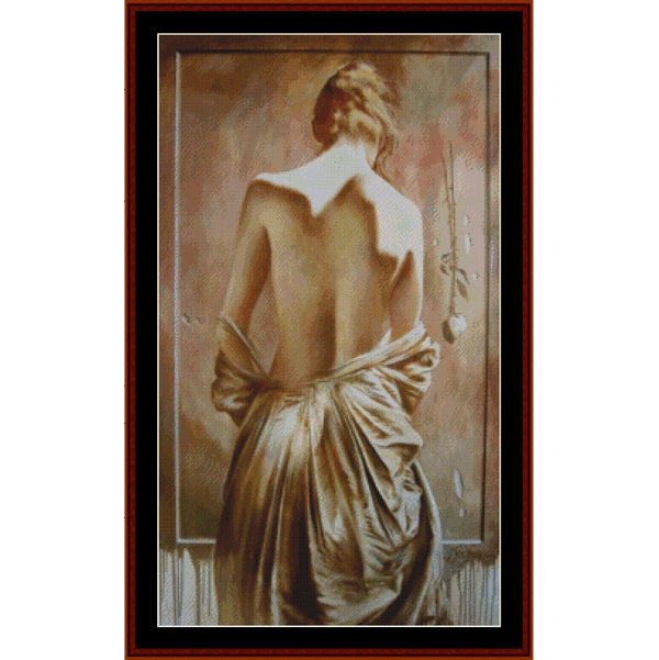 Counted Cross Stitch Pattern – Secret Wedding II, Fantasy - Cross Stitch Collectibles - A framed art print depicting a classical painting of a woman from behind, wearing a draped gold gown against a warm brown background