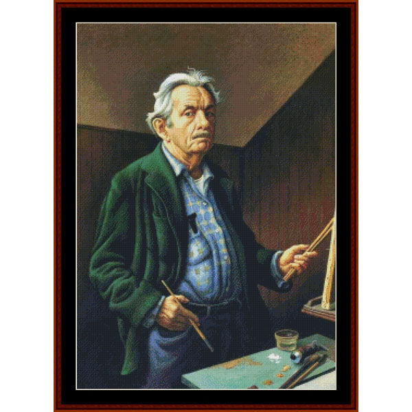 Counted Cross Stitch Pattern – Self Portrait, Thomas Hart - Cross Stitch Collectibles - A framed portrait painting of an elderly man with white hair, wearing a dark green coat over a blue patterned shirt, standing in a dim interior and holding paintbrushes near an easel and palette.
