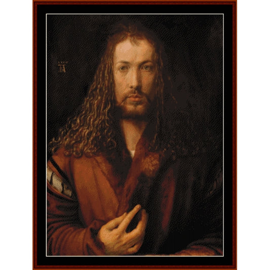 Counted Cross Stitch Pattern – Self Portrait by Albrecht Durer - Cross Stitch Collectibles - A framed portrait painting of a man with long curly hair and a beard, wearing a reddish-brown robe against a dark background